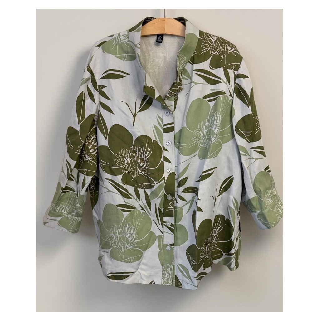 Linda Allard Ellen Tracy Silk Linen Floral Button Down Shirt Green Plus Size 18